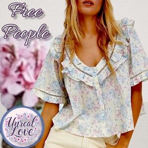 FREE PEOPLE Unreal Love Floral Print Ruffle Collar Short Sleeve Cotton Top NWT